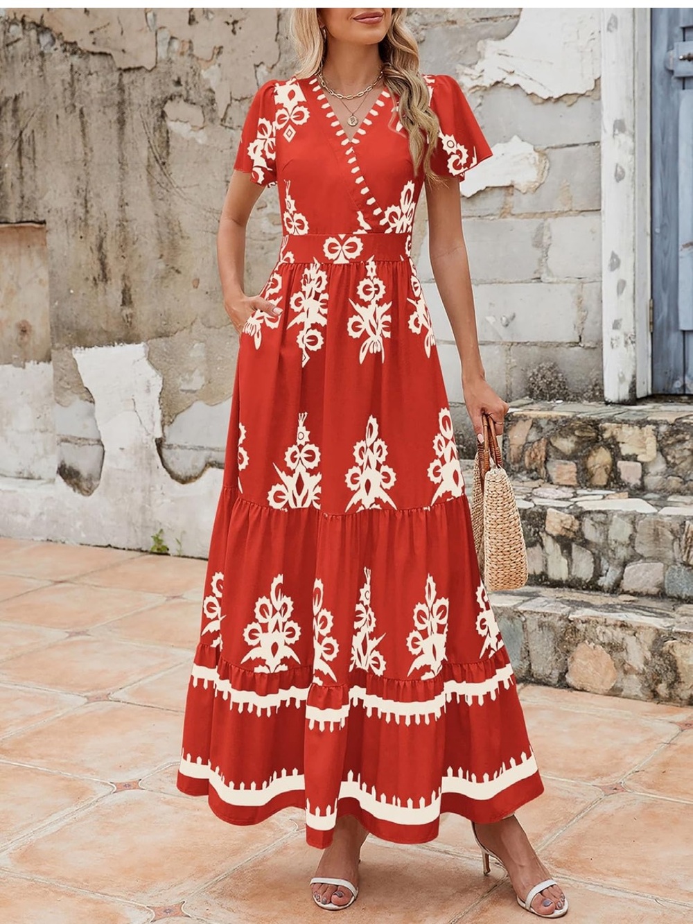 Red/Orange Floral Print Maxi Dress by